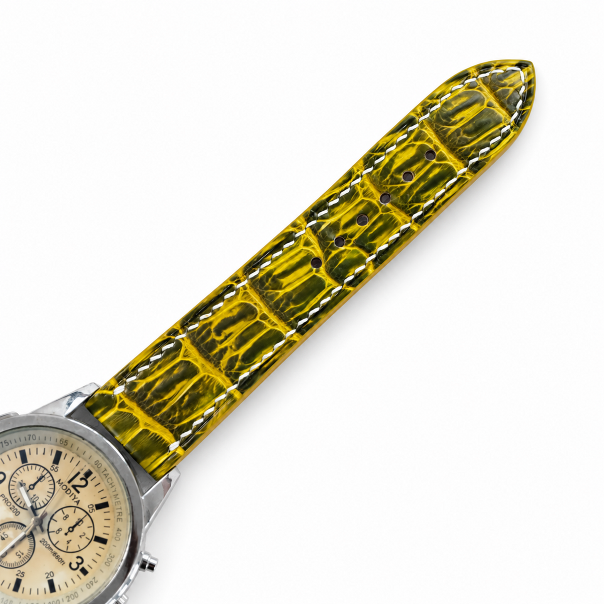 Lemon Yellow Patina Alligator Leather Watch Strap - on watch closeup