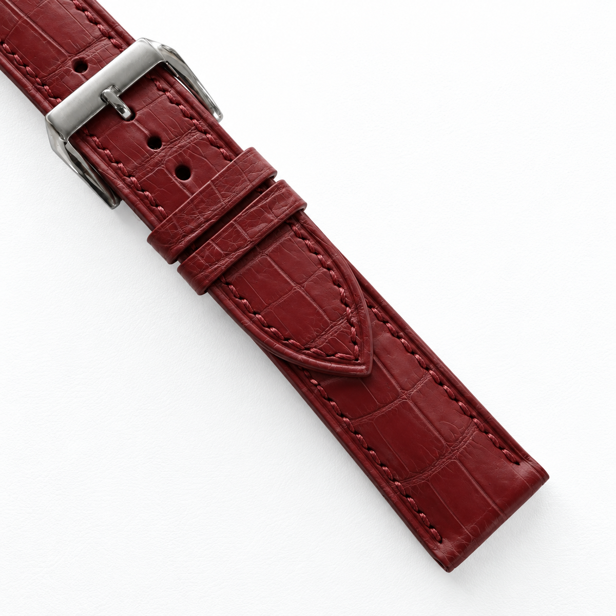 Burgundy Alligator Leather Watch Strap - Tonal Stitch - tonal burgundy stitch detail