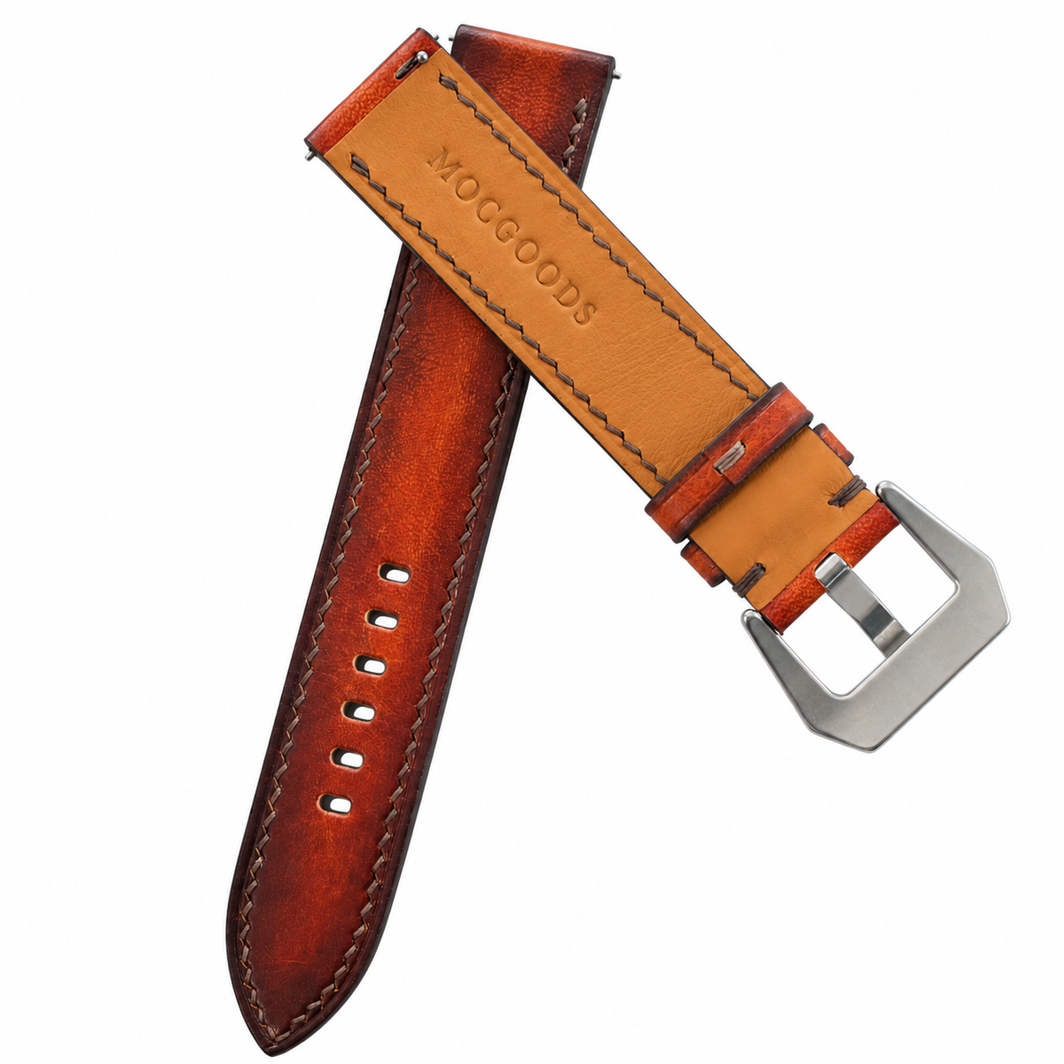 Antique Cognac Patina Vegetable Tanned Leather Watch Strap - underside with Moc Goods stamp