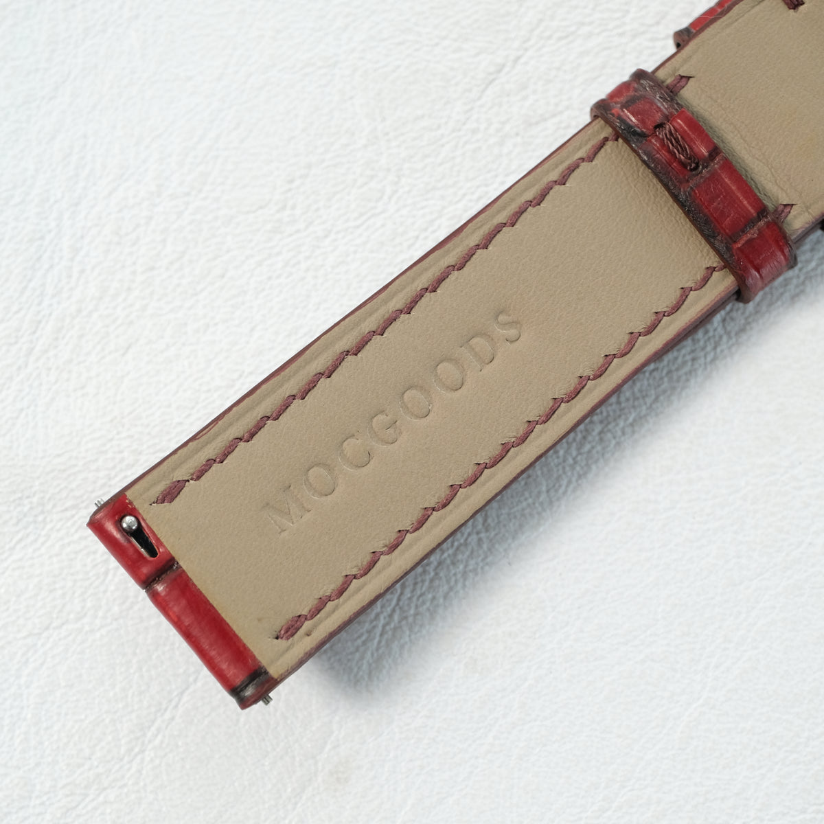 Burgundy Oxblood Patina Alligator Leather Watch Strap - padded leather lining with MocGoods emboss