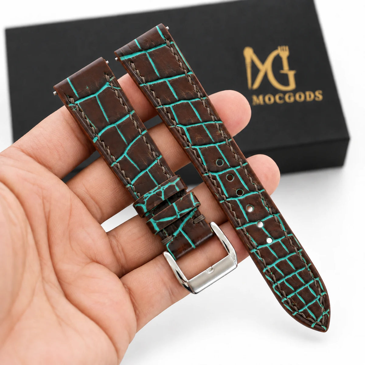Patina Chocolate Brown Turquoise Alligator Leather Watch Strap - in hand with Moc Goods gift box