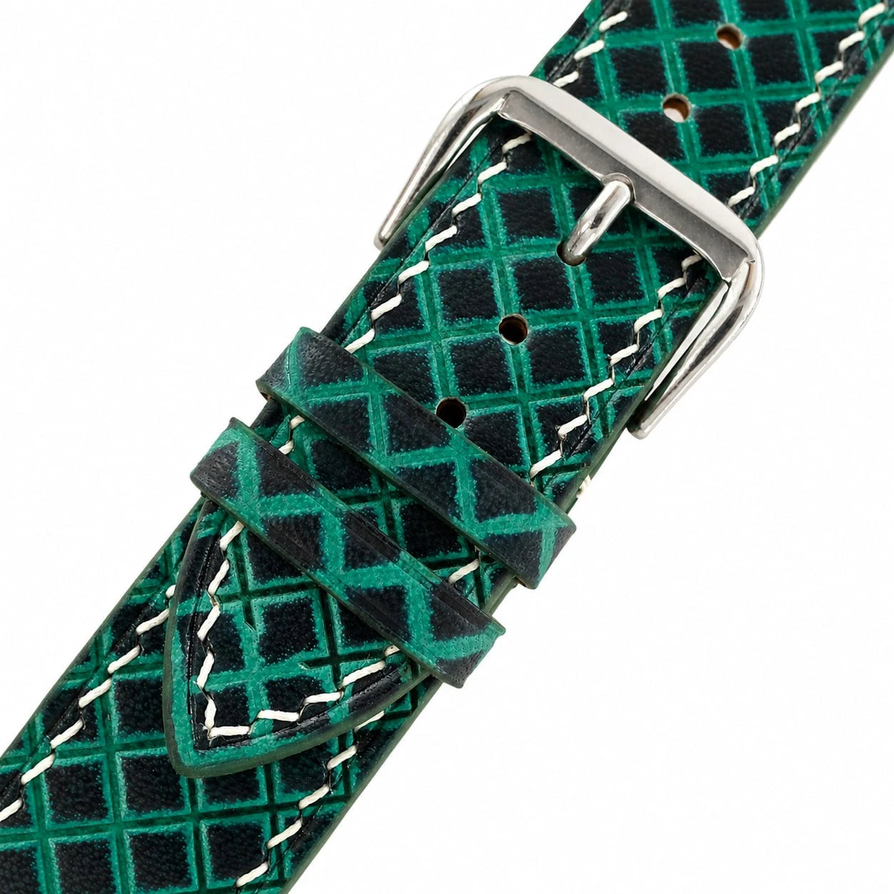 Hand-Tooled Emerald Green Lattice Vegetable Tanned Leather Watch Strap