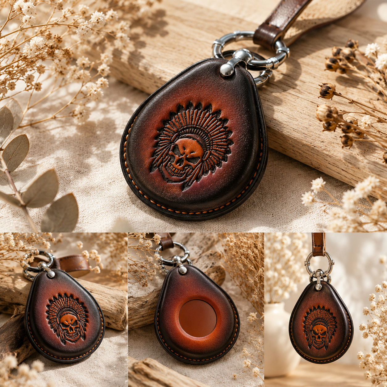 Harley-Davidson leather key fob cover - hand-tooled skull design