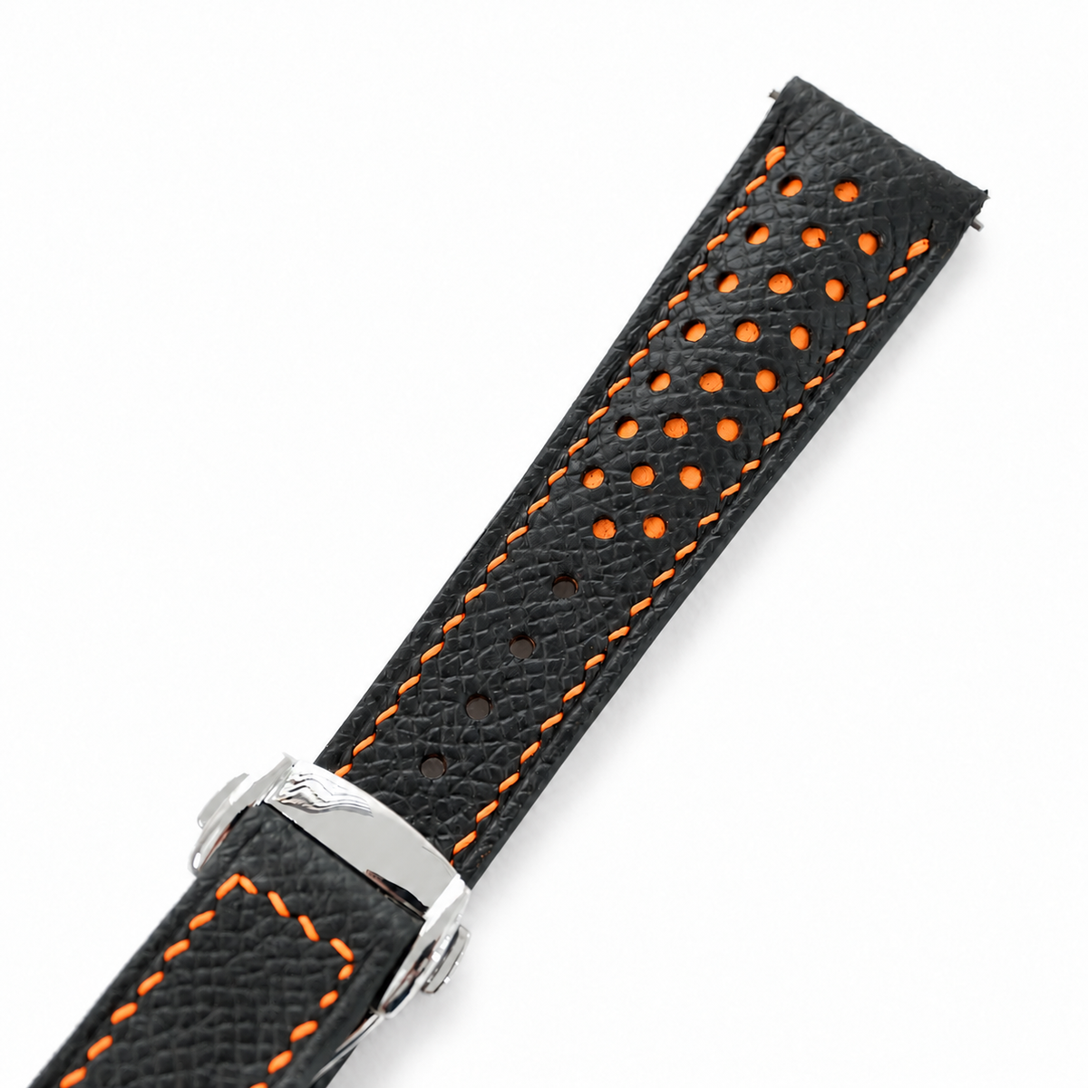 Deployant Racing Rally Black and Orange Epsom Leather Watch Strap - side profile orange stitch
