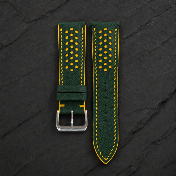 Forest Hunter Green and Yellow Racing Small Holes Rally Epsom Leather Watch Strap