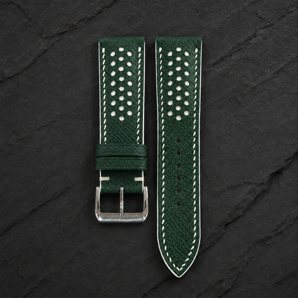 Hunter Green and White Racing Small Holes Rally Epsom Leather Watch Strap