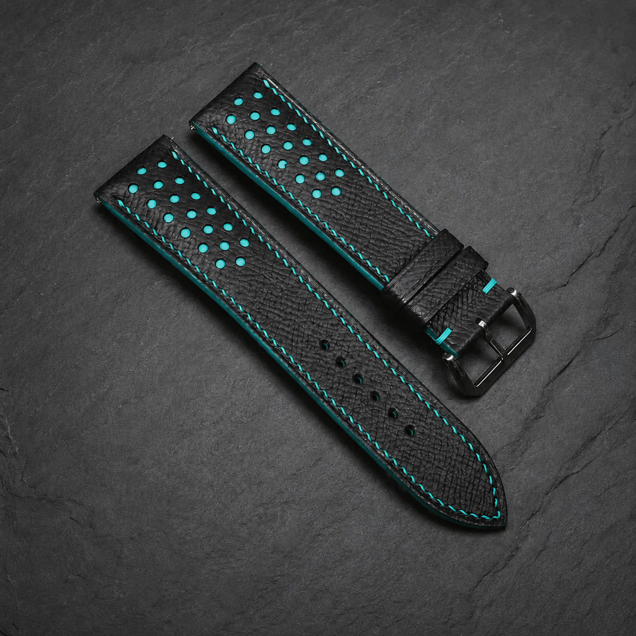 Padded Black Turquoise Racing Holes Rally Epsom Leather Watch Strap