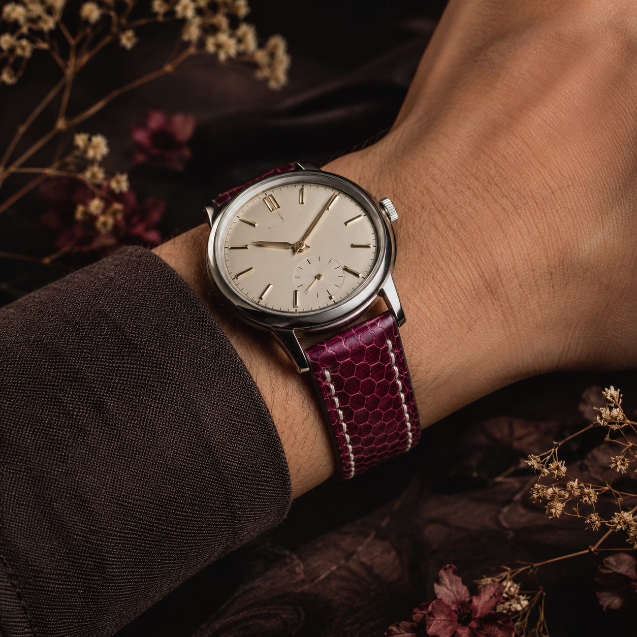 Padded Burgundy Sea Snake leather watch strap