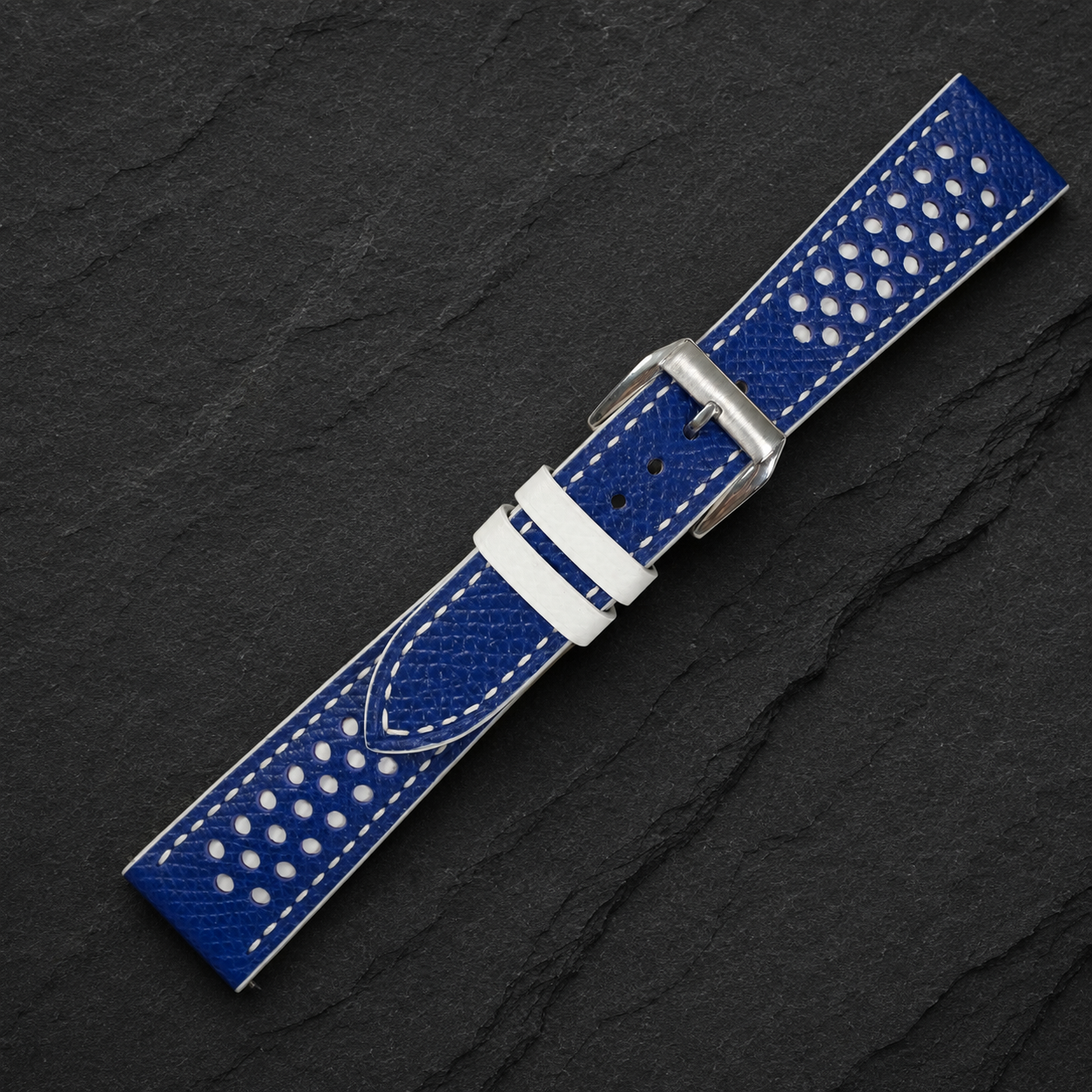 Racing Rally Blue and White White Keeper Epsom Leather Watch Strap