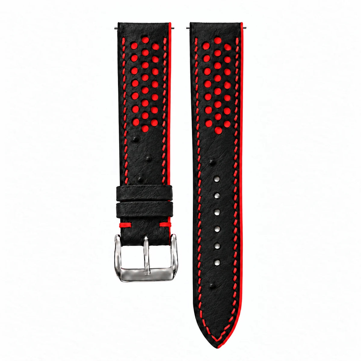 Black and Red Racing Small Holes Ostrich Leather Watch Strap - buckle and tail red stitch detail
