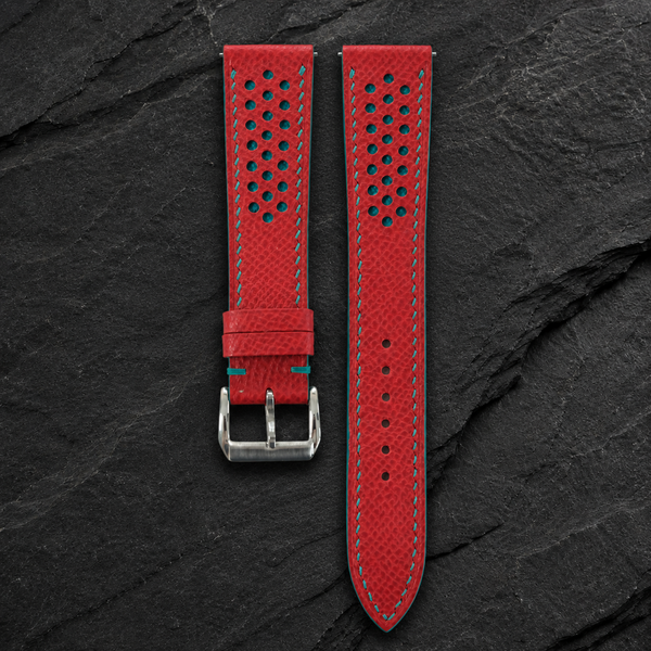 Flat Red and Turquoise Racing Small Holes Rally Epsom Leather Watch Strap