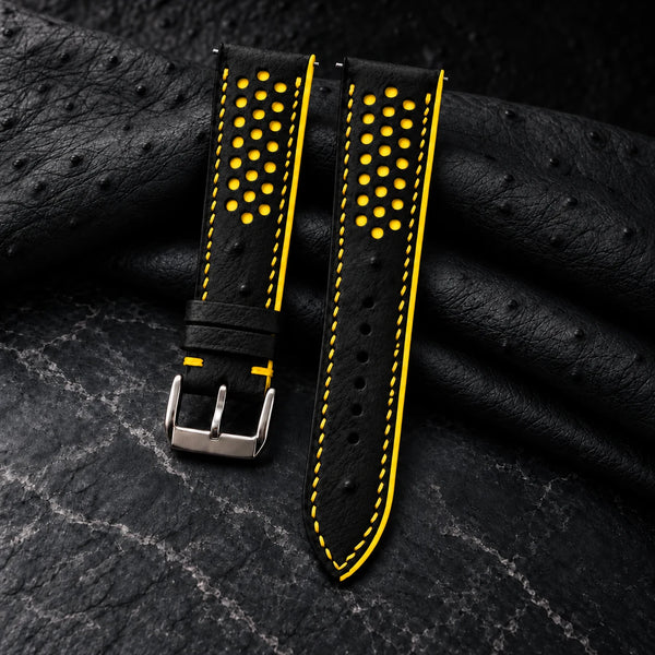 Black and Yellow Racing Small Holes Ostrich Leather Watch Strap