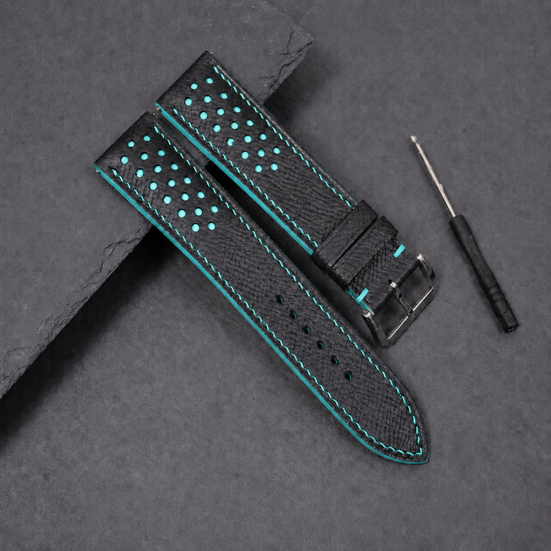 Black and turquoise racing holes rally Epsom leather watch strap by Moc Goods