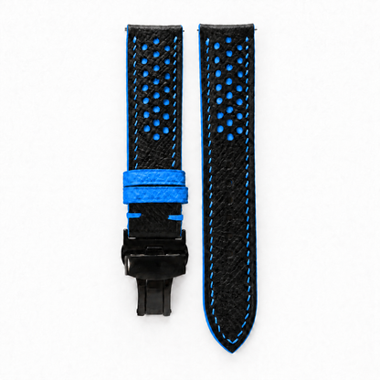 Black and Blue Racing Holes Rally Epsom Leather Watch Strap - Blue Keeper - hero