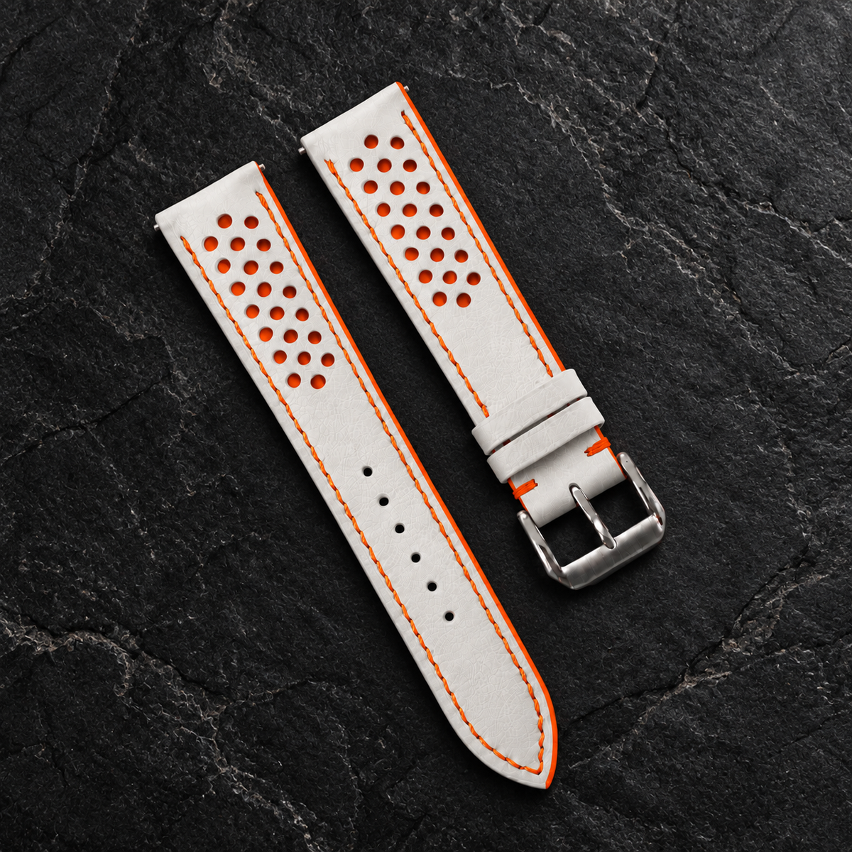 Milky White and Orange Racing Holes Rally Swift Leather Watch Strap - orange stitch detail