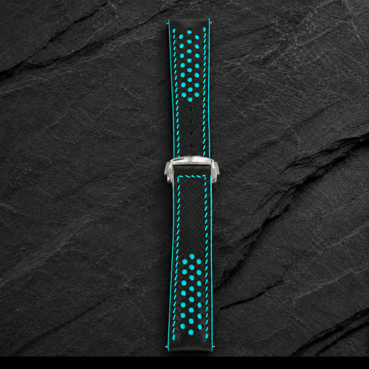 Deployant Black Turquoise Racing Rally Epsom Leather Watch Strap - side profile