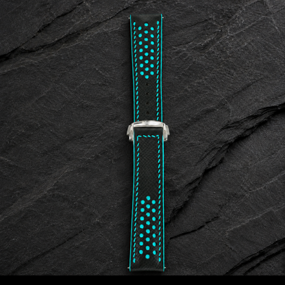Deployant Black Turquoise Racing Rally Epsom Leather Watch Strap - side profile