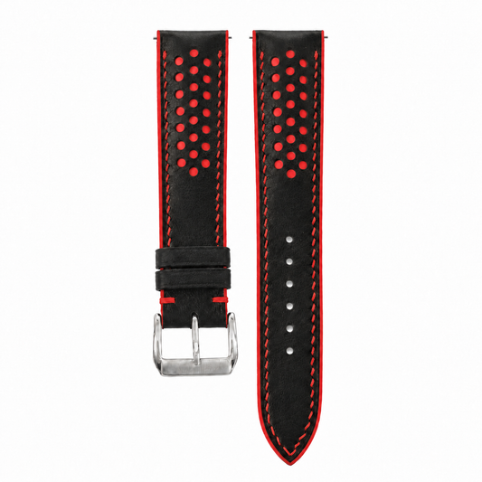 Black and Red Racing Holes Rally Swift Leather Watch Strap - hero