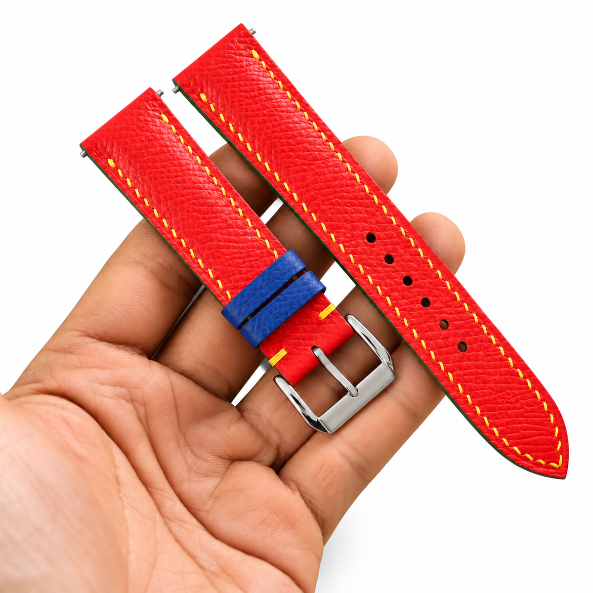 Red Epsom Leather Watch Strap - Yellow Stitch - yellow stitch macro