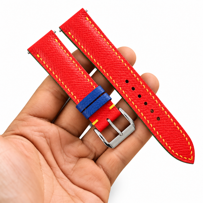Red Epsom Leather Watch Strap - Yellow Stitch - yellow stitch macro
