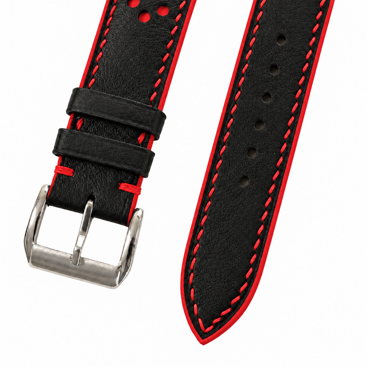 Black and Red Racing Holes Rally Swift Leather Watch Strap - side profile red edge