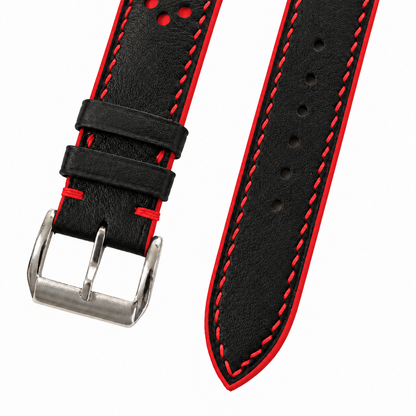 Black and Red Racing Holes Rally Swift Leather Watch Strap - side profile red edge