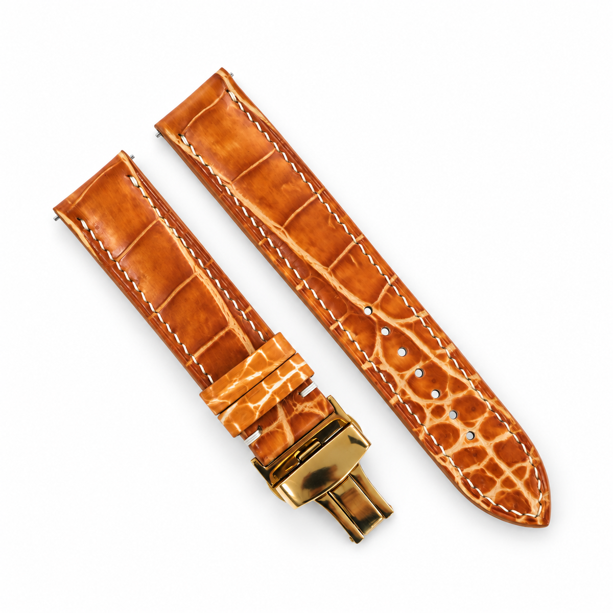 Cognac Patina Alligator Leather Watch Strap - two piece diagonal alt