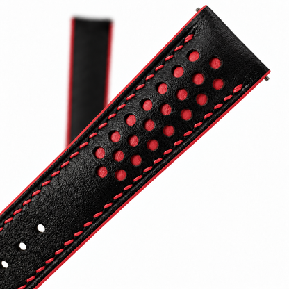 Black and Red Racing Holes Rally Swift Leather Watch Strap - topside racing holes macro