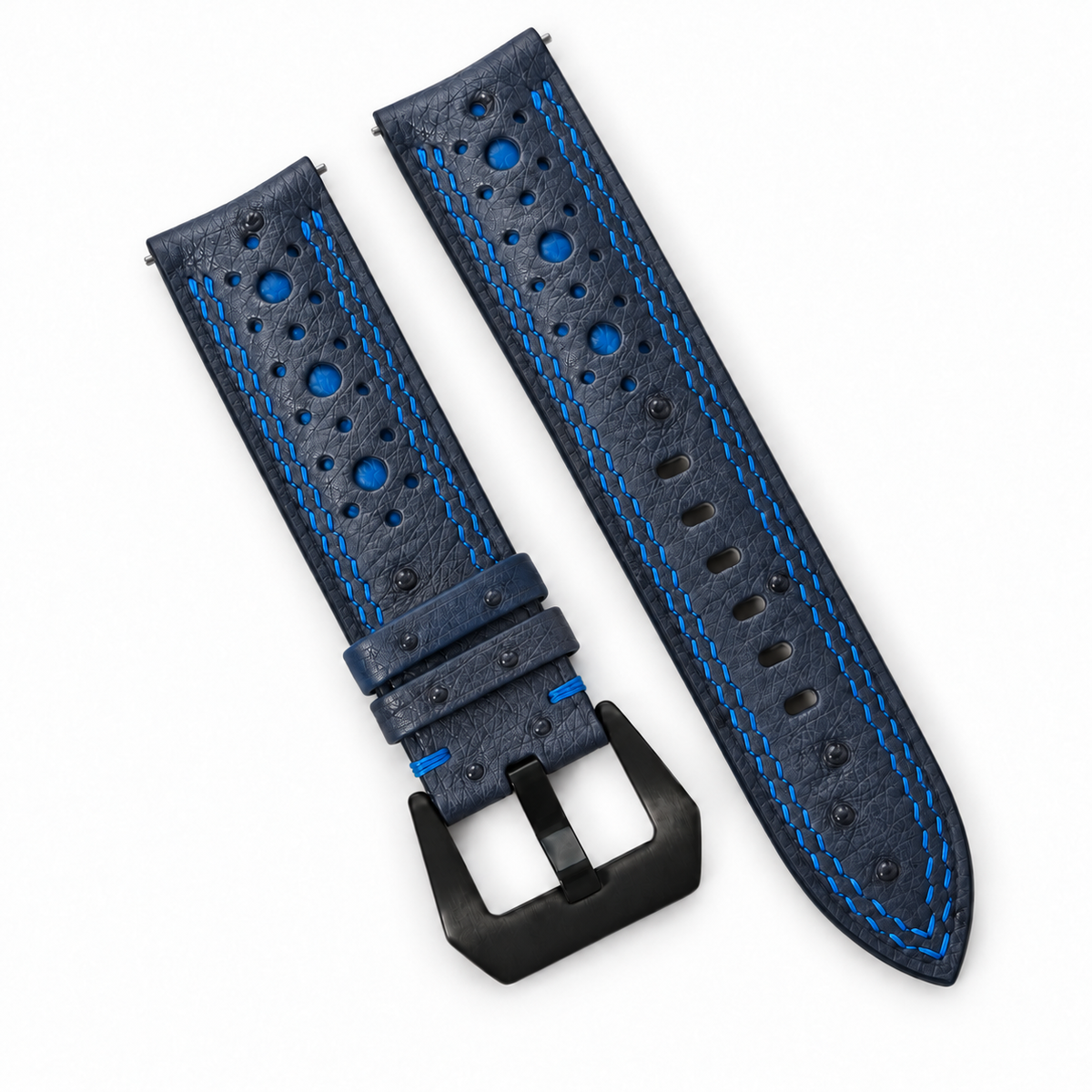 Midnight Navy and Blue Ostrich Racing Large Holes Leather Watch Strap - Double Stitch - detail 3