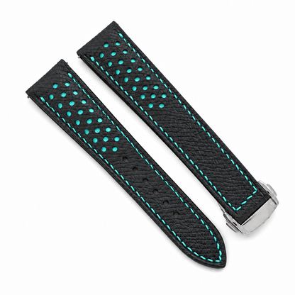 Deployant Racing Rally Black and Turquoise Epsom Leather Watch Strap - side profile turquoise stitch