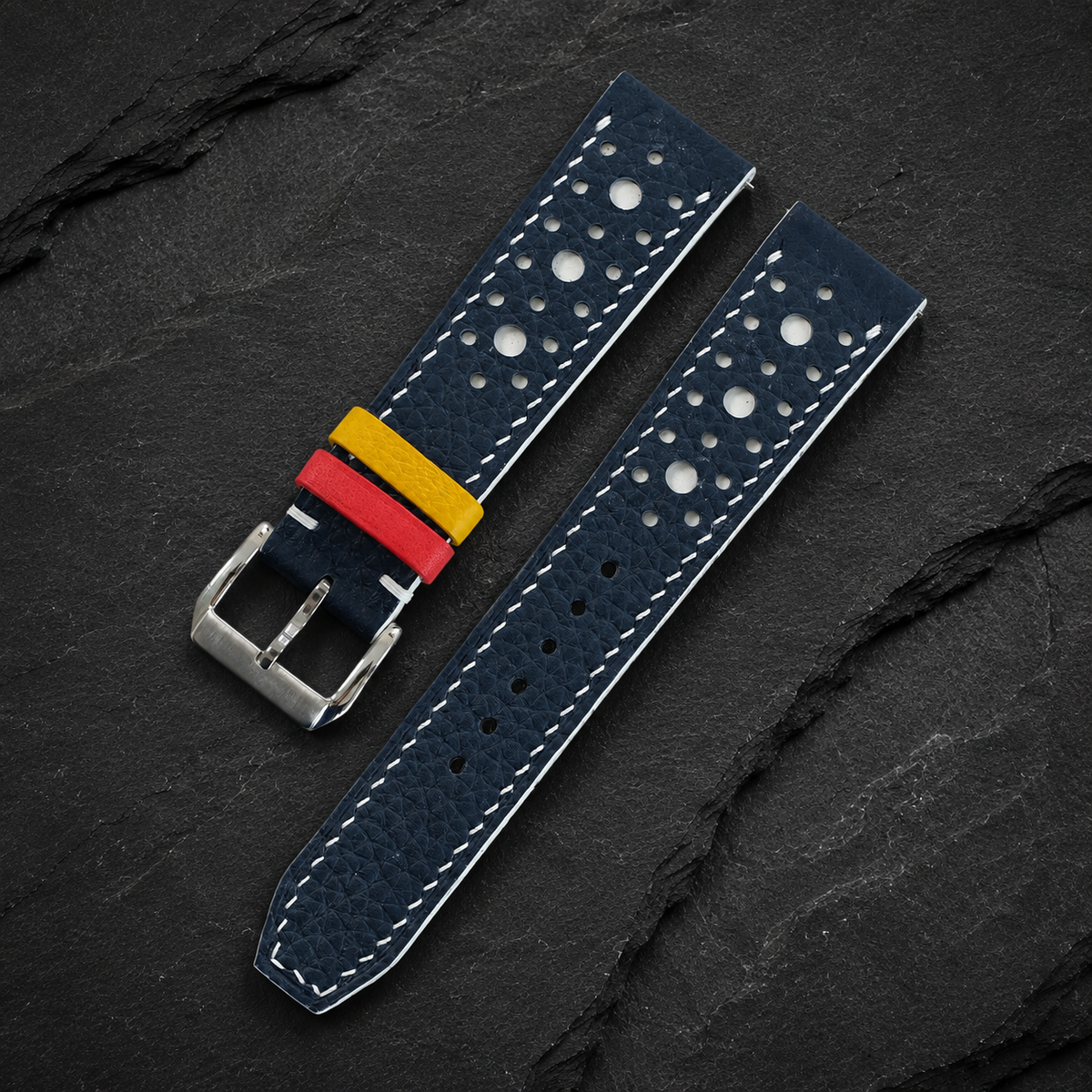 Navy and white large-hole racing rally Togo watch strap, angled view with pilot-style pointed tip