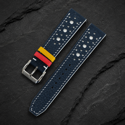Navy and white large-hole racing rally Togo watch strap, angled view with pilot-style pointed tip