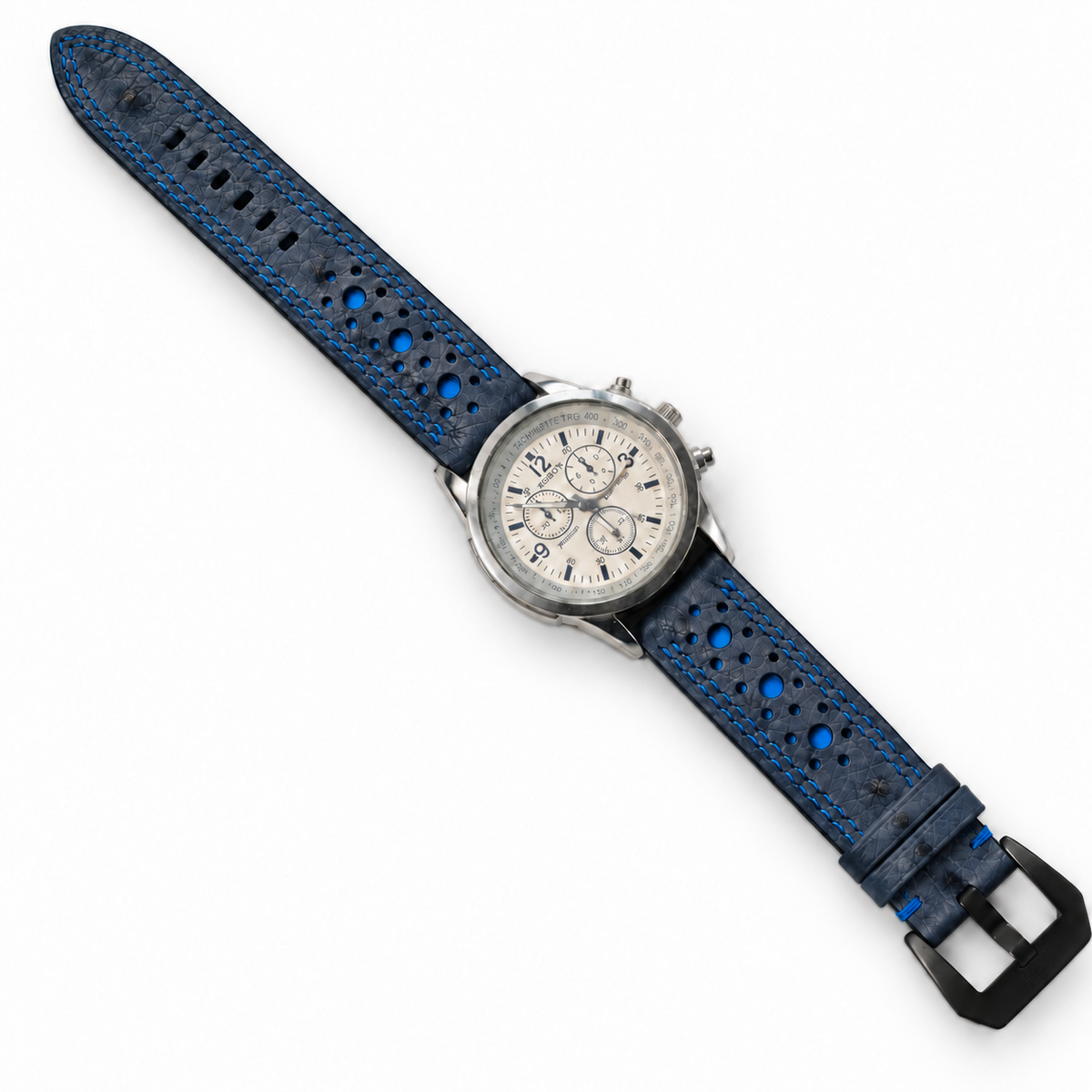 Midnight Navy and Blue Ostrich Racing Large Holes Leather Watch Strap - Double Stitch - detail 7
