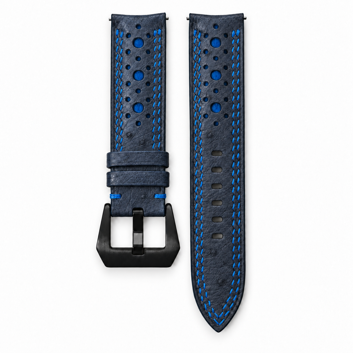 Midnight Navy and Blue Ostrich Racing Large Holes Leather Watch Strap - Double Stitch - detail 2