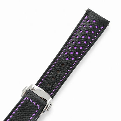 Deployant Racing Rally Black and Purple Epsom Leather Watch Strap - assembled on deployant clasp