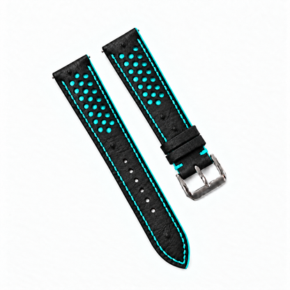 Black and Turquoise Racing Small Holes Ostrich Leather Watch Strap - side profile turquoise edge