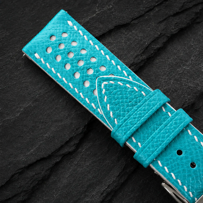 Turquoise and White Racing Small Holes Rally Epsom Leather Watch Strap