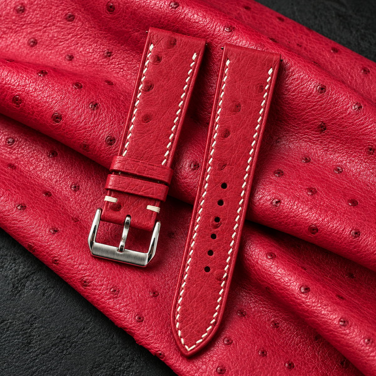 Raspberry Red Ostrich Leather Watch Strap - hero
