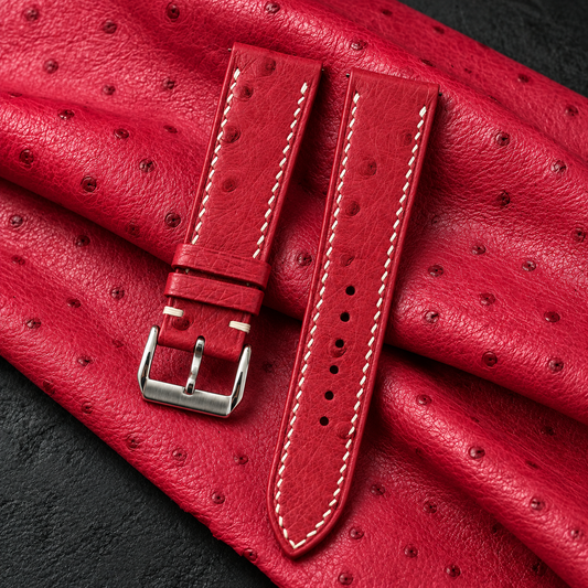 Raspberry Red Ostrich Leather Watch Strap - hero