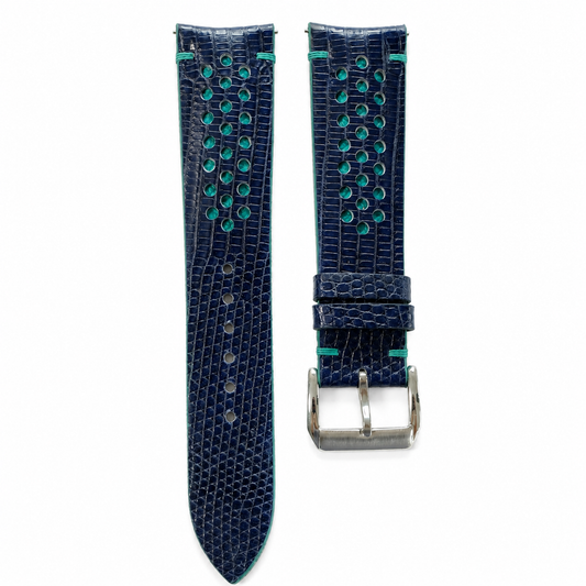 Navy and Turquoise Racing Holes Rally Lizard Leather Watch Strap