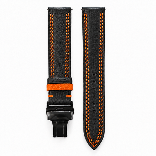 Black Togo Orange Double Stitch Leather Watch Strap - hero