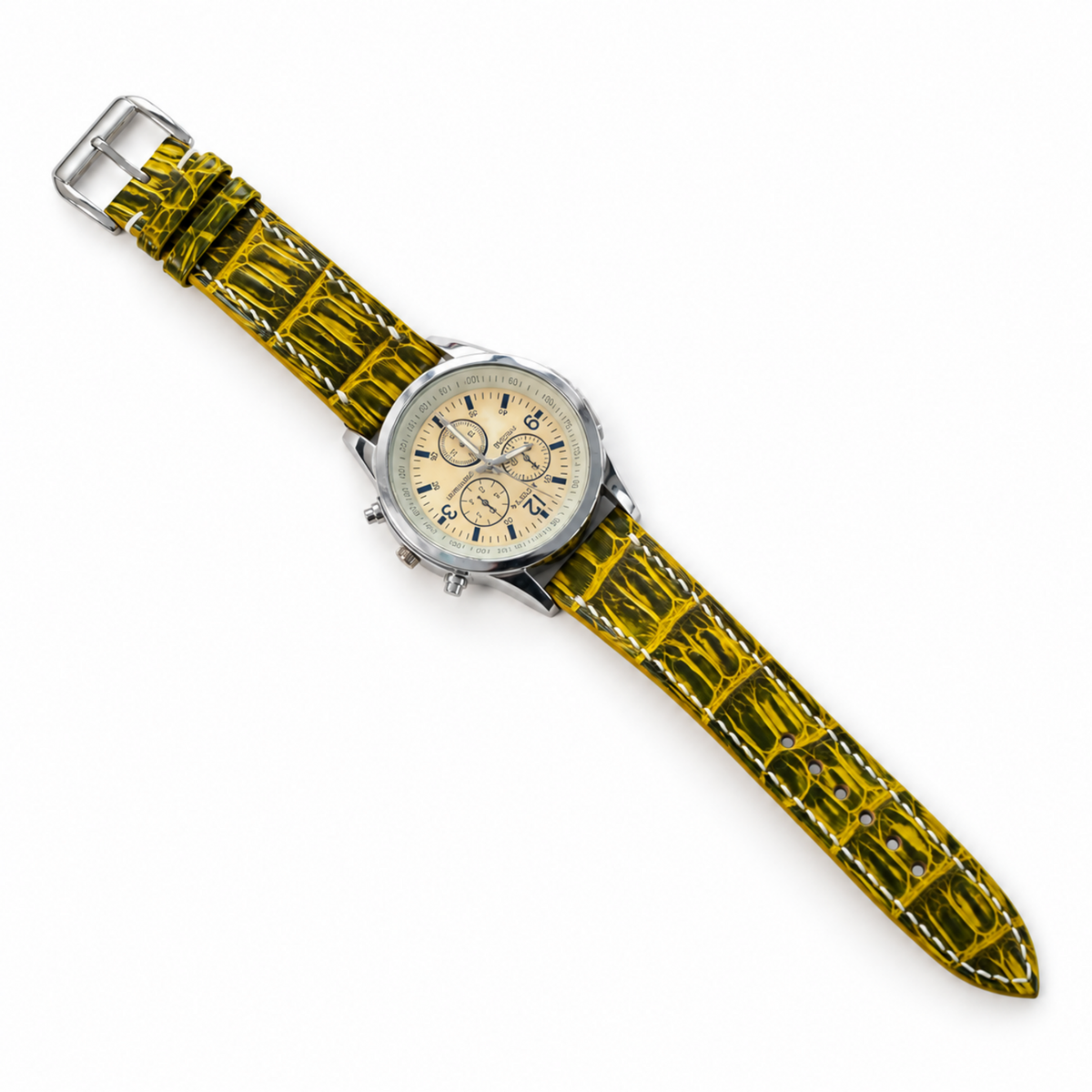 Lemon Yellow Patina Alligator Leather Watch Strap - on watch