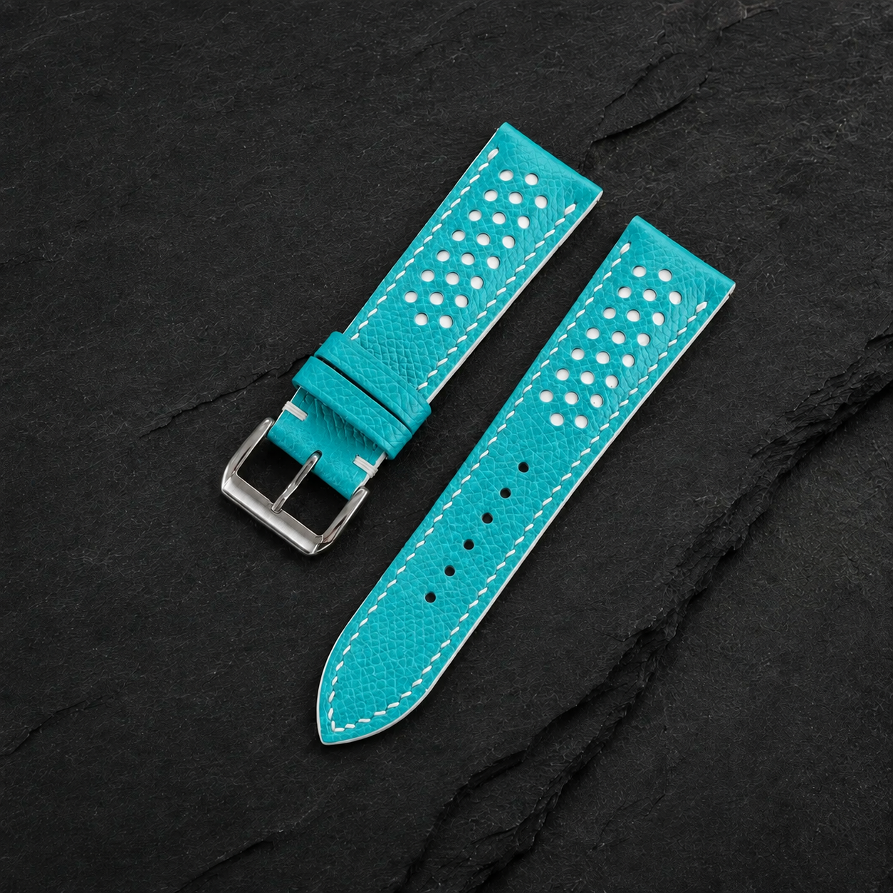 Turquoise and White Racing Small Holes Rally Epsom Leather Watch Strap