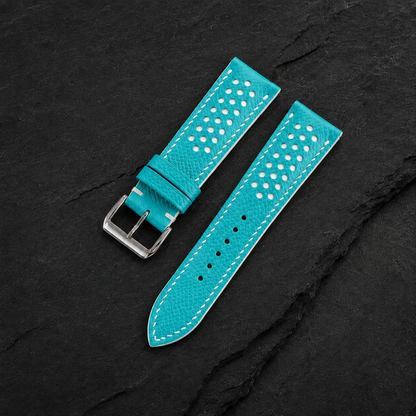 Turquoise and White Racing Small Holes Rally Epsom Leather Watch Strap