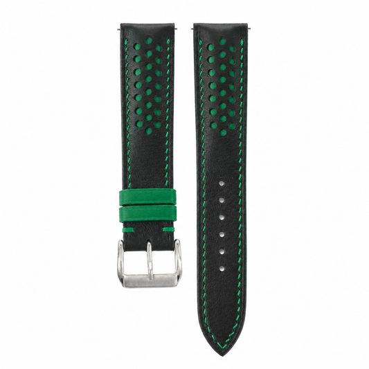 Black and Green Racing Holes Rally Swift Leather Watch Strap