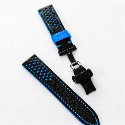 Black and Blue Racing Holes Rally Epsom Leather Watch Strap - Blue Keeper - blue keeper loop detail