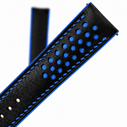 Black and Blue Racing Holes Rally Swift Leather Watch Strap - racing holes blue underlay macro
