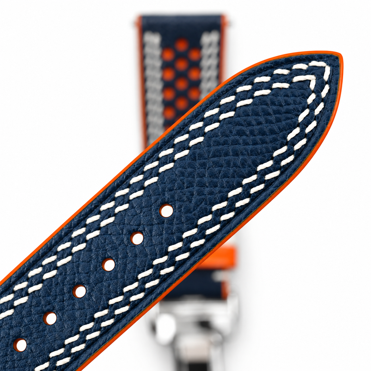 Navy and Orange Racing Holes Rally Epsom Leather Watch Strap - Double Stitch - side profile orange edge