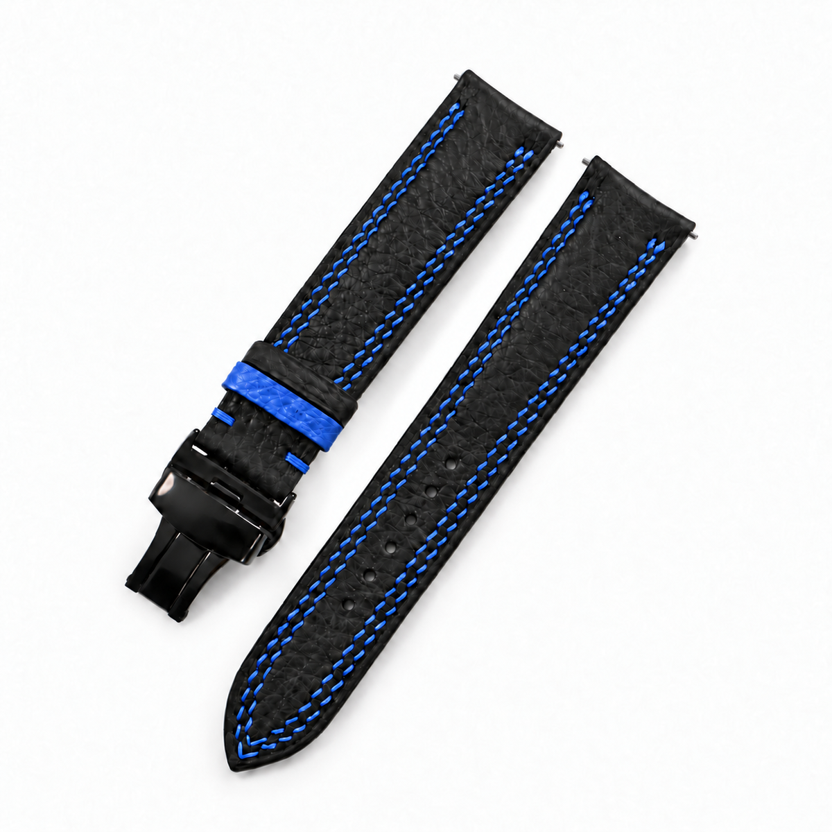 Black Togo Blue Double Stitch Leather Watch Strap - side profile