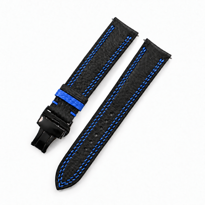 Black Togo Blue Double Stitch Leather Watch Strap - side profile